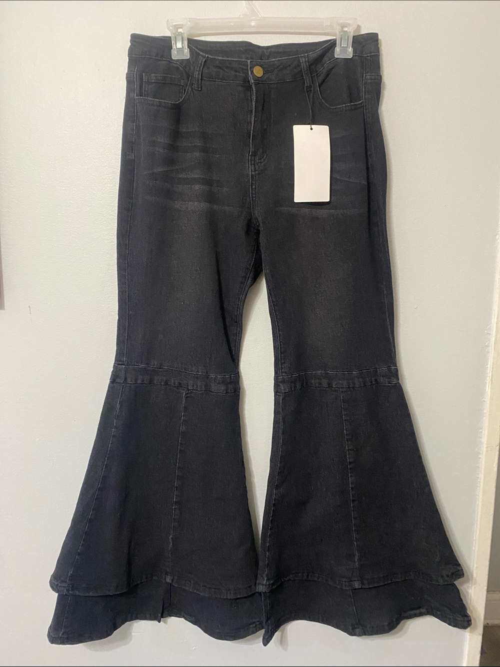 Women’s Black Stretchy Flared Ruffle Hem Bell Bottom Jeans XL